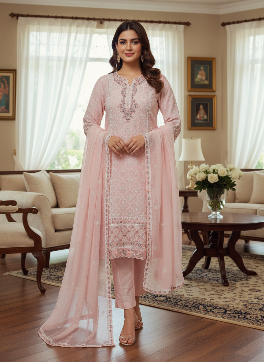 Devi Pink Organza 3-Piece Salwar Set with Lace, Stone & Embroidery Work