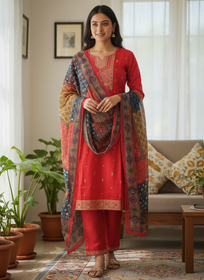Banarasi Red Vatican Silk 3-Piece Set with Pure Georgette Block Printed Dupatta