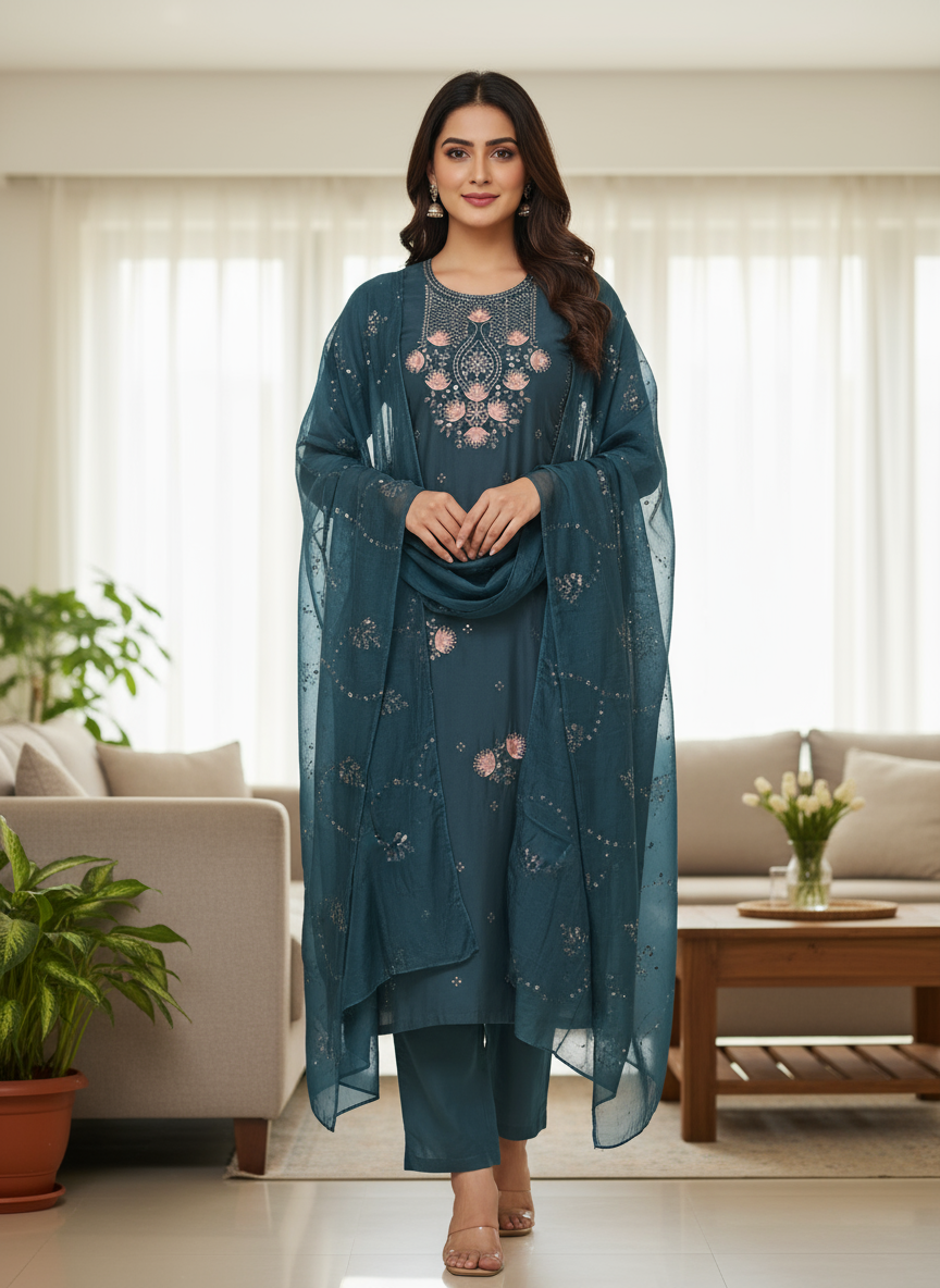 Lotus Greyish Blue Roman Silk 3-Piece Salwar Set with Heavy Work Dupatta