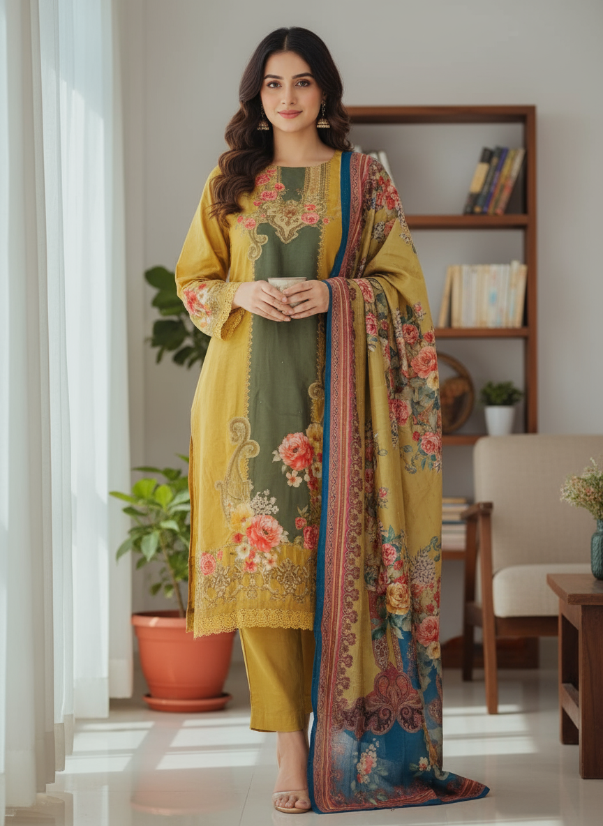 Royal Mustard Yellow Rayon Viscose 3-Piece Set with Dupatta