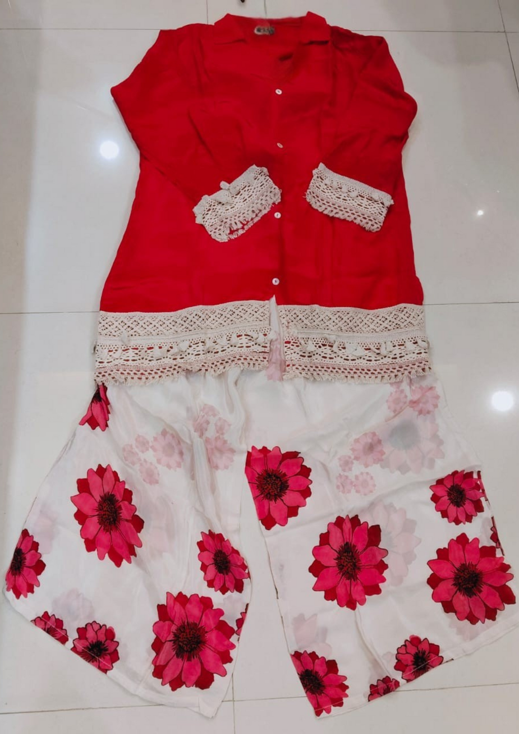 Patakha Chinon Embroidered Lace Cordset with Pink Top and Floral Pant