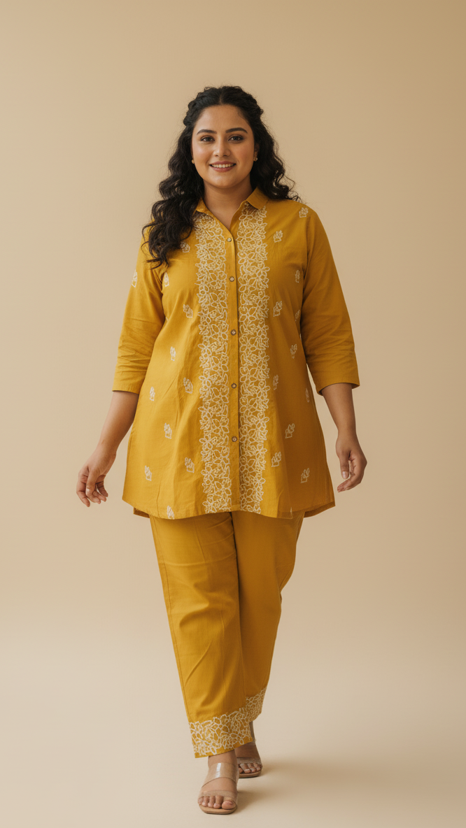 Meghna Mustard Cotton Blend Embroidered Cordset