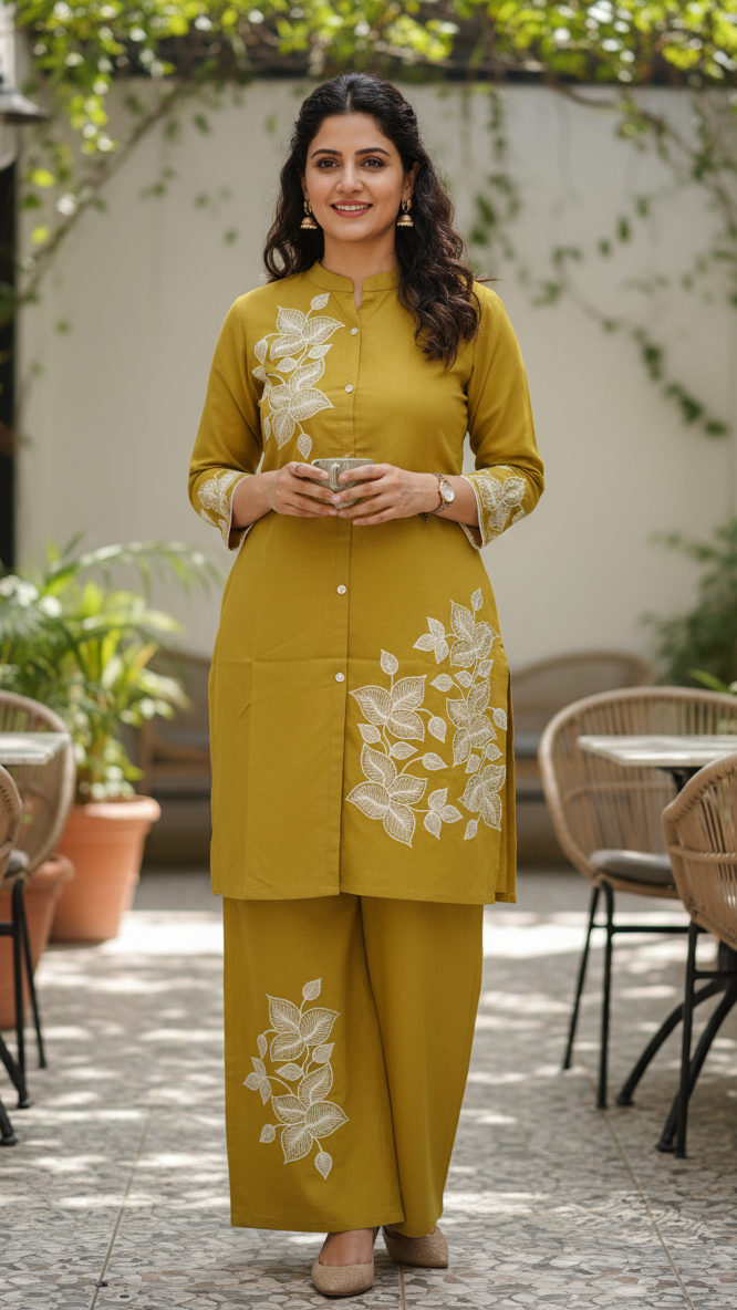 Heena Cotton Blend Embroidered Mehendi Green Cordset