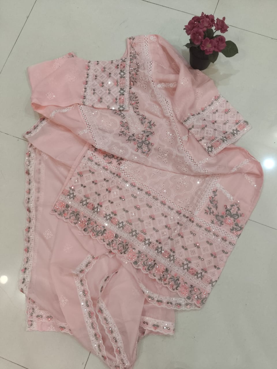 Devi Pink Organza 3-Piece Salwar Set with Lace, Stone & Embroidery Work