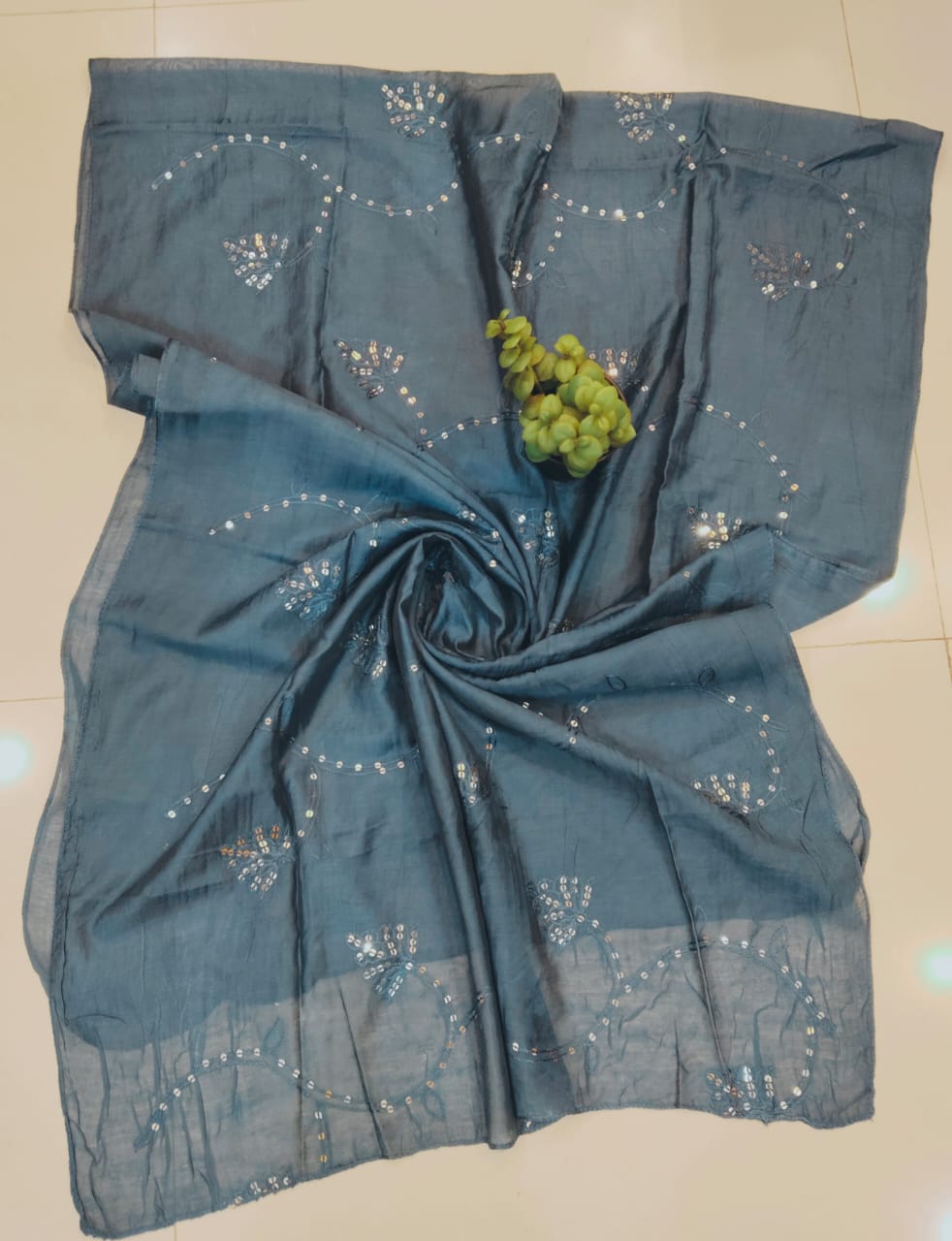 Lotus Greyish Blue Roman Silk 3-Piece Salwar Set with Heavy Work Dupatta