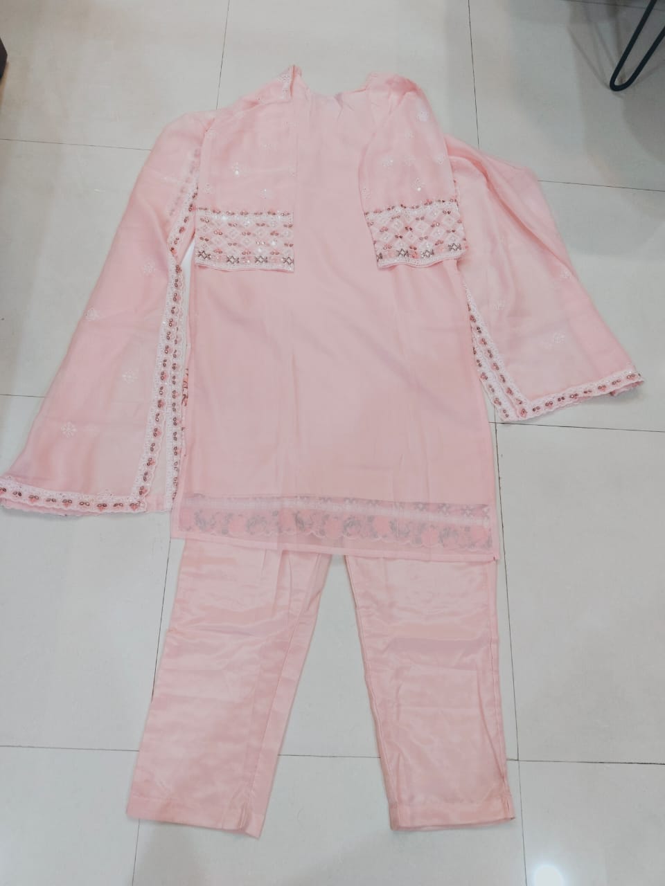 Devi Pink Organza 3-Piece Salwar Set with Lace, Stone & Embroidery Work