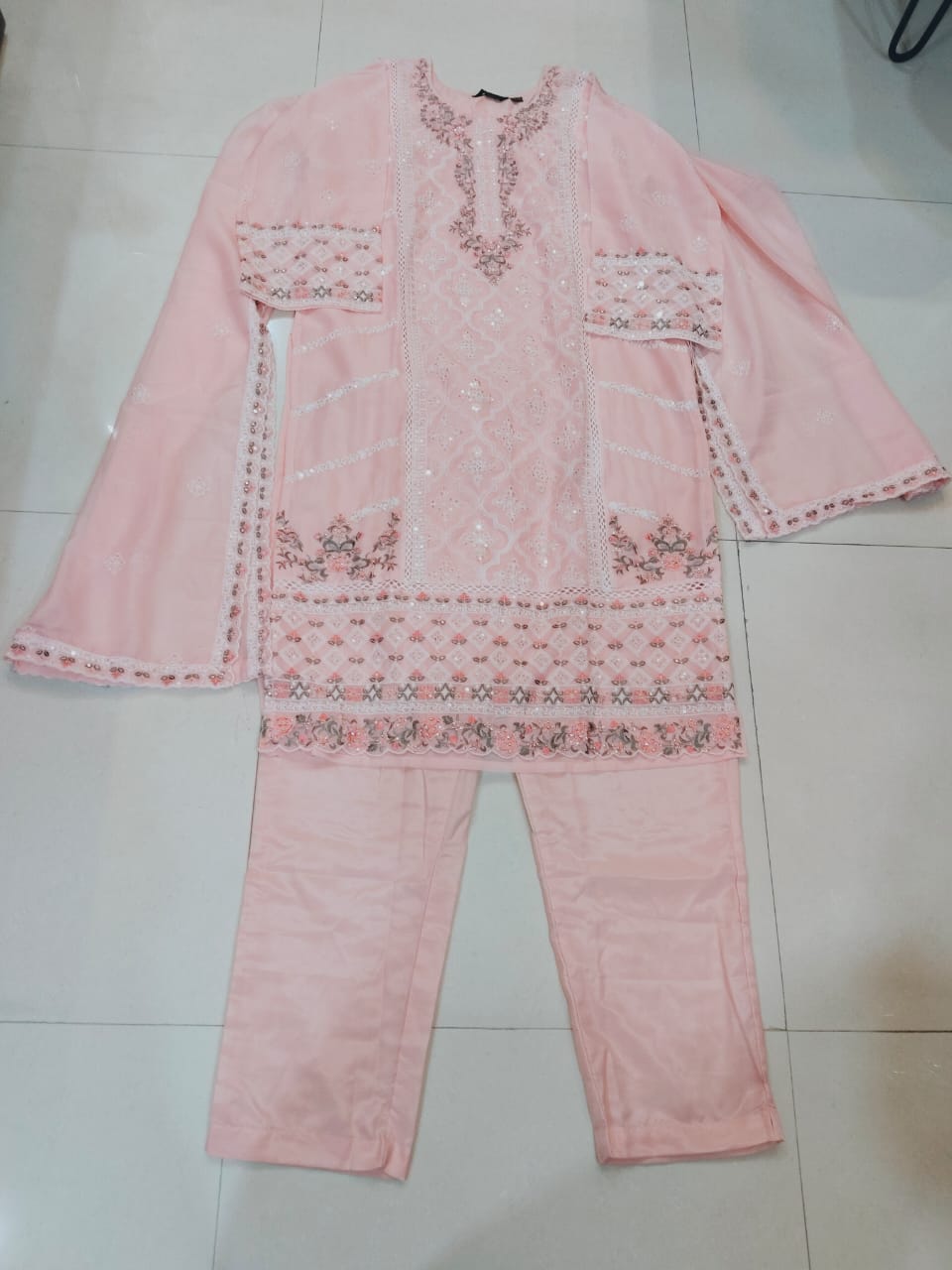 Devi Pink Organza 3-Piece Salwar Set with Lace, Stone & Embroidery Work