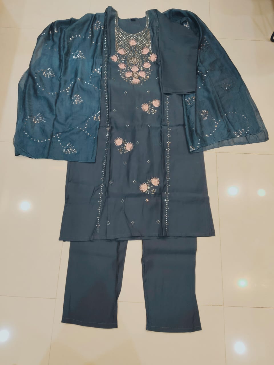 Lotus Greyish Blue Roman Silk 3-Piece Salwar Set with Heavy Work Dupatta