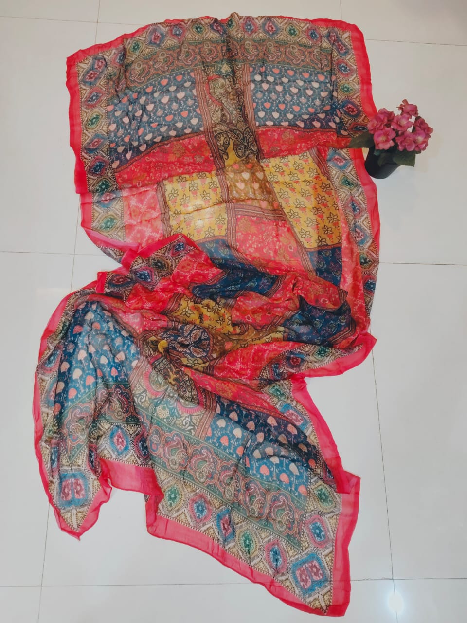 Banarasi Red Vatican Silk 3-Piece Set with Pure Georgette Block Printed Dupatta