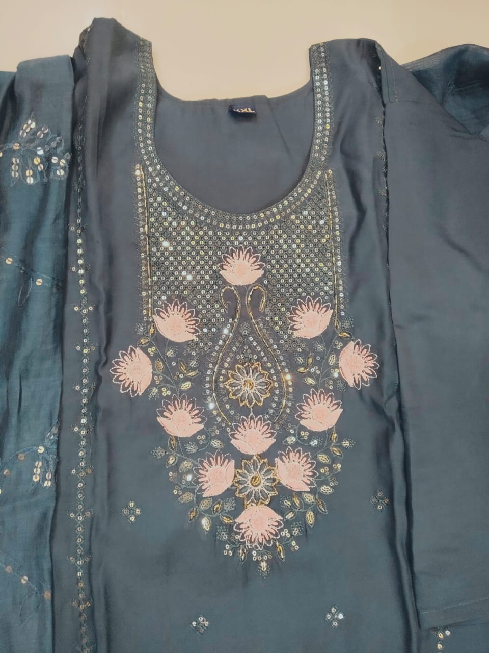 Lotus Greyish Blue Roman Silk 3-Piece Salwar Set with Heavy Work Dupatta