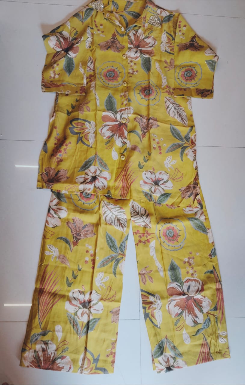 Aira Soft Silk Floral Printed Yellow Cordset