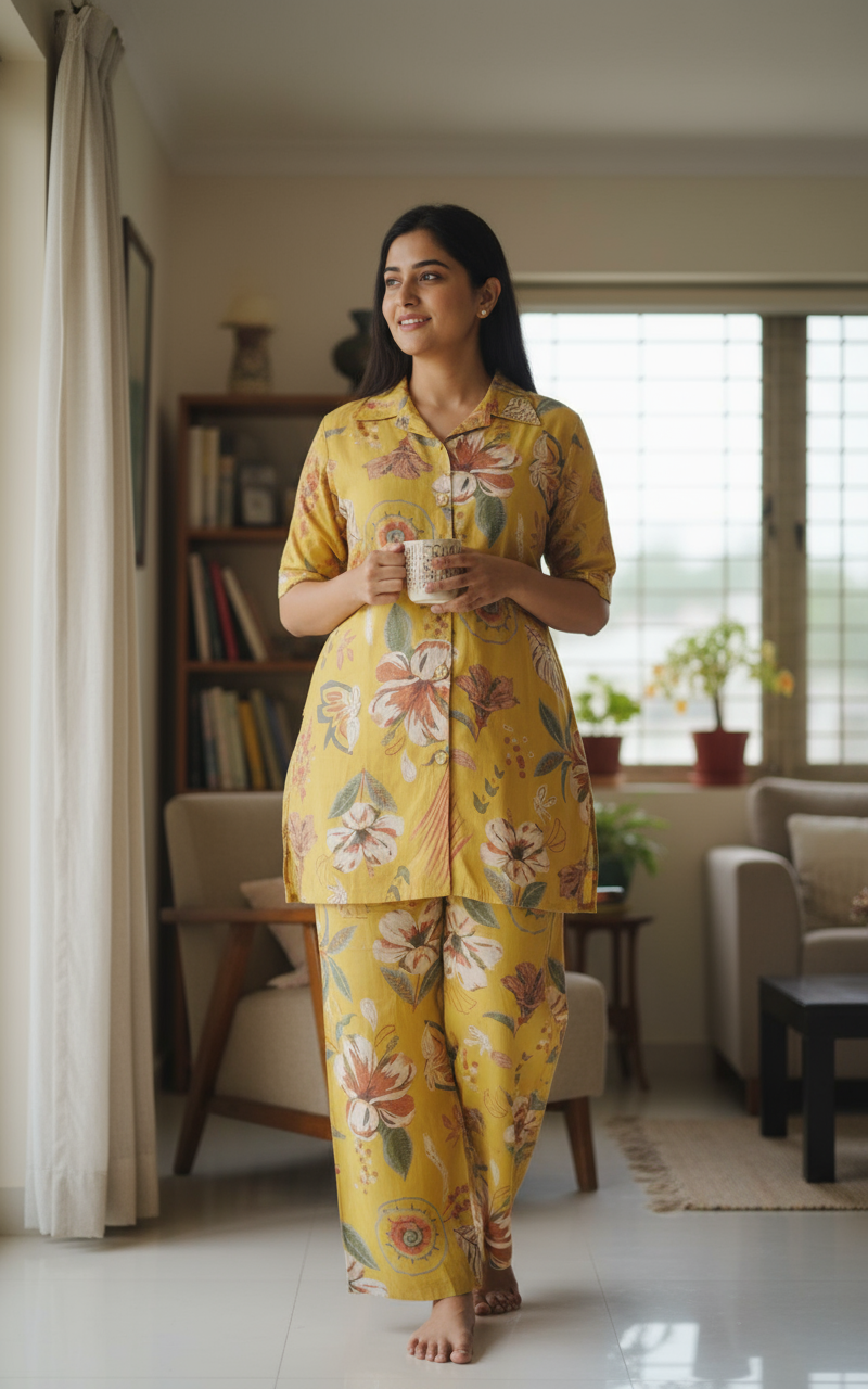 Aira Soft Silk Floral Printed Yellow Cordset