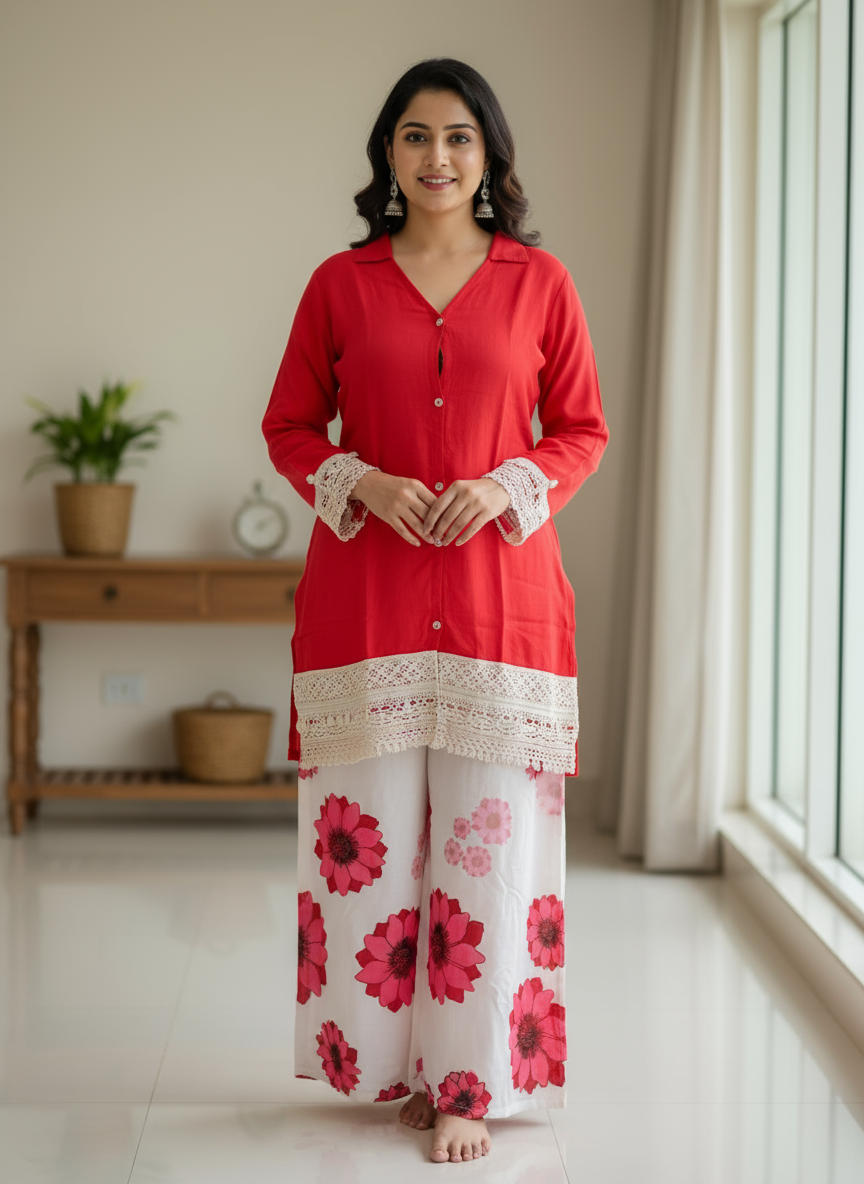 Patakha Chinon Embroidered Lace Cordset with Pink Top and Floral Pant